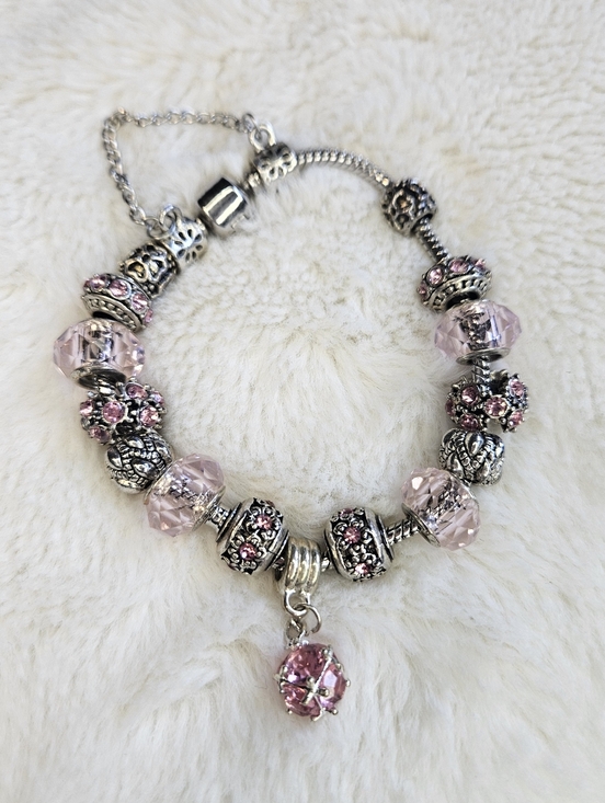 Jewelry - 925 Sterling Silver Bracelet with Pink Crystal Beads and Charms